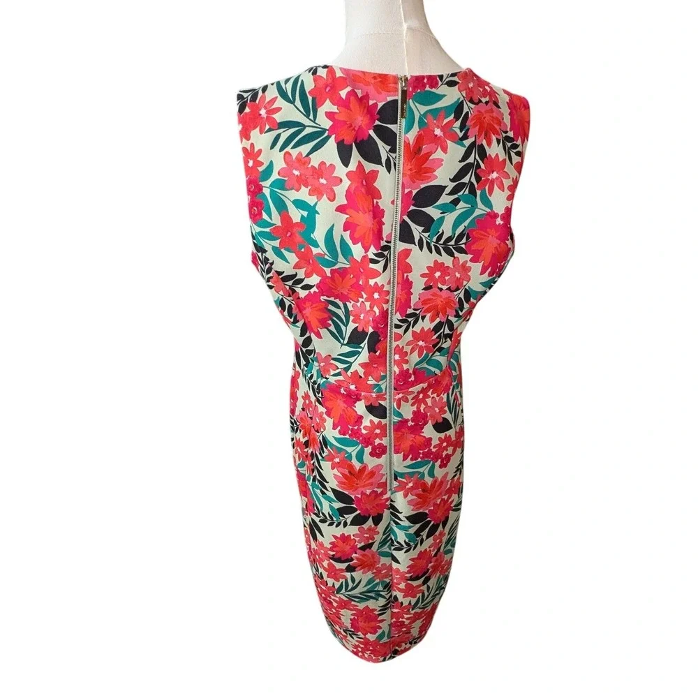 Calvin Klein Floral Sleeveless Sheath Dress Pink Teal Mint Gold Zip Size 12
